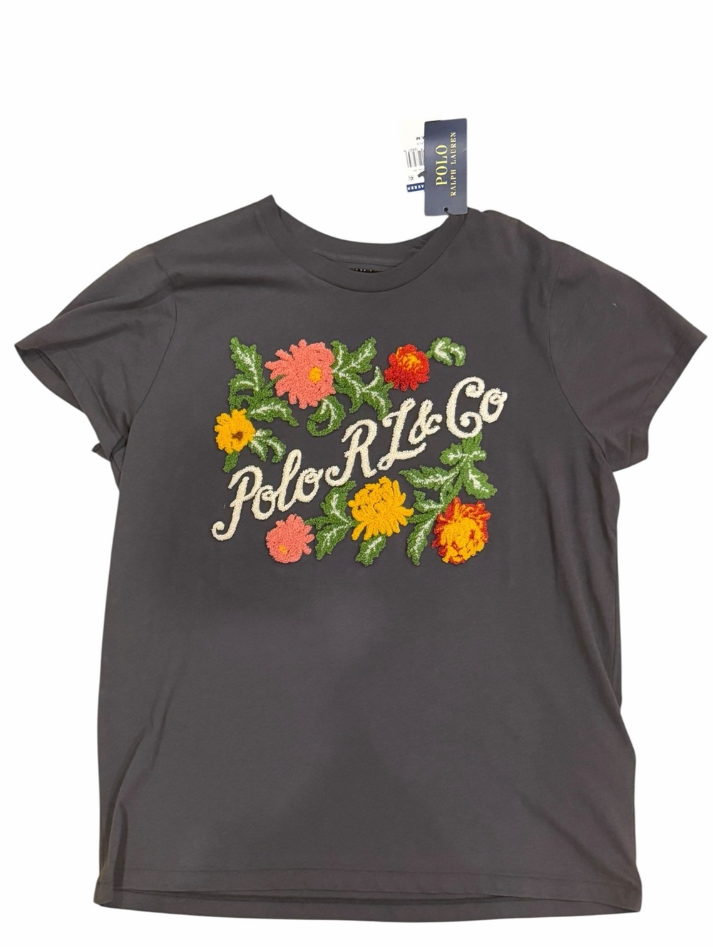 Polo by Ralph Lauren NWT Charcoal Floral Embroidered Logo Tee
